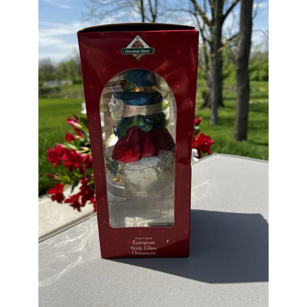 Christmas Street Snowman Glass Ornament Hand Painted European‎ Style Boxed Vtg